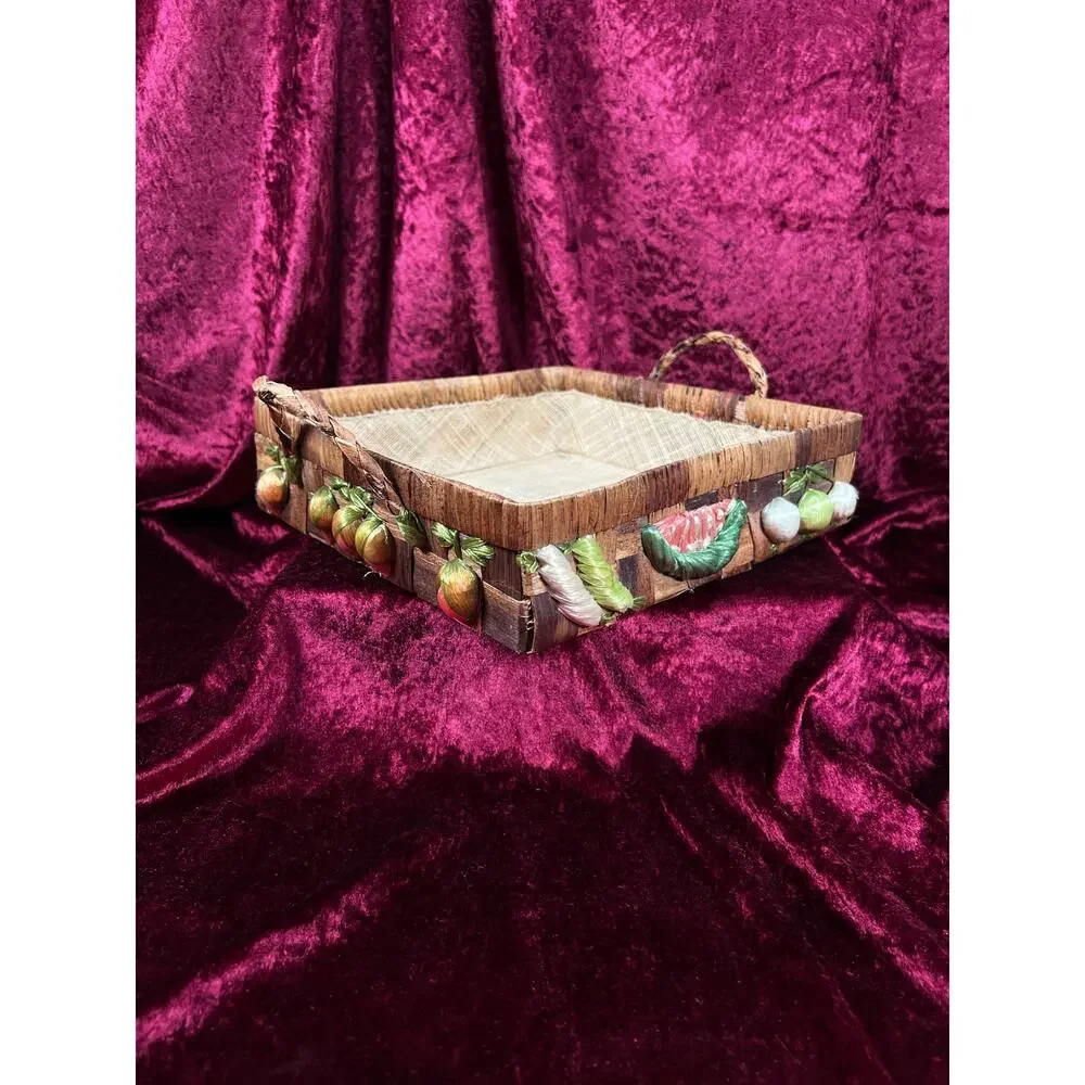 Vintage Raffia Serving Casserole Basket - Handwoven Fruit Basket Centerpiece